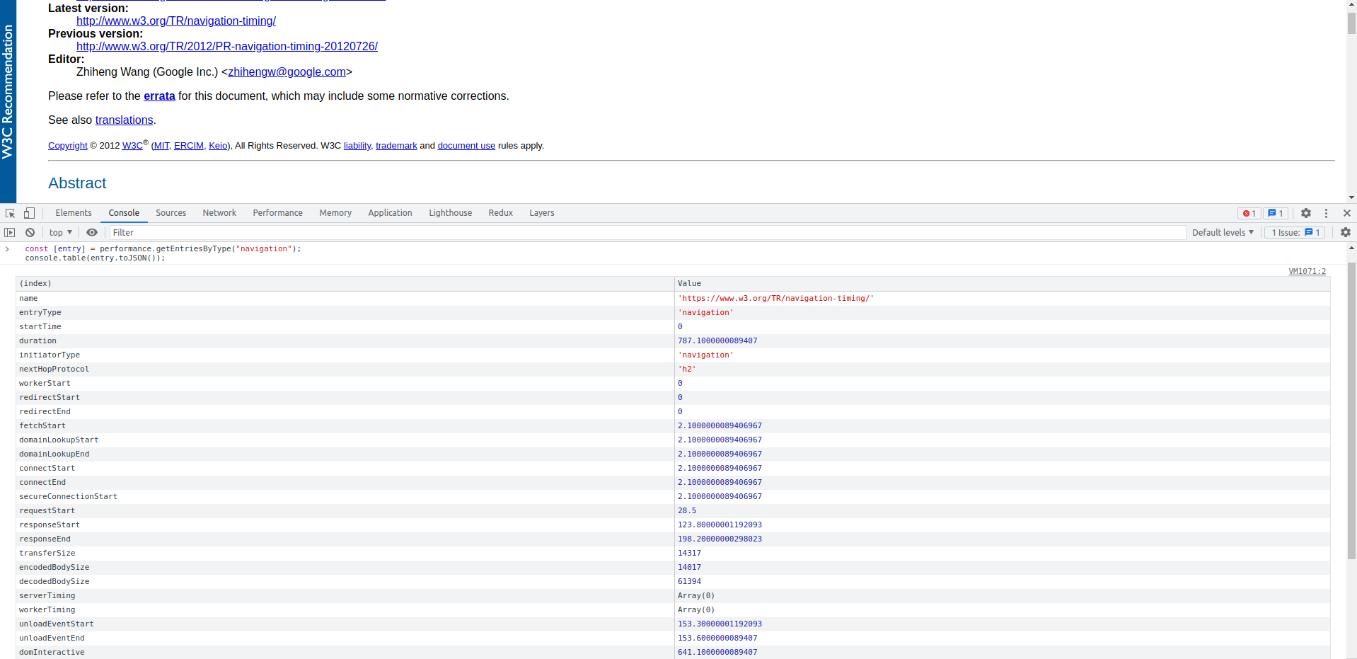 A screenshot of Chrome Dev Tools showing performance information